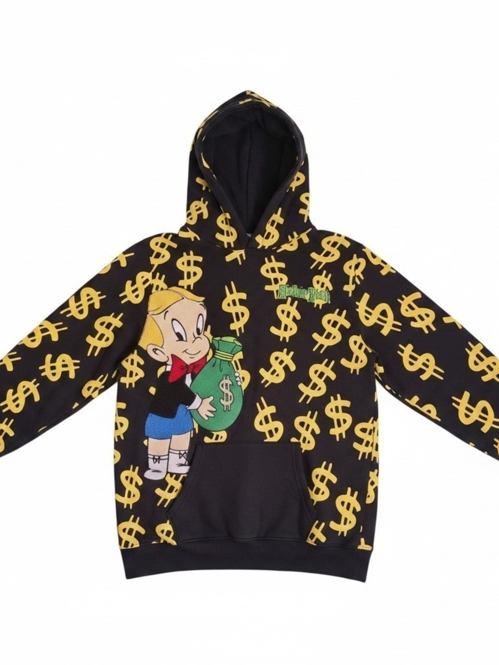 Kids Black & Gold Money-Print Hoodie with Character Graphic